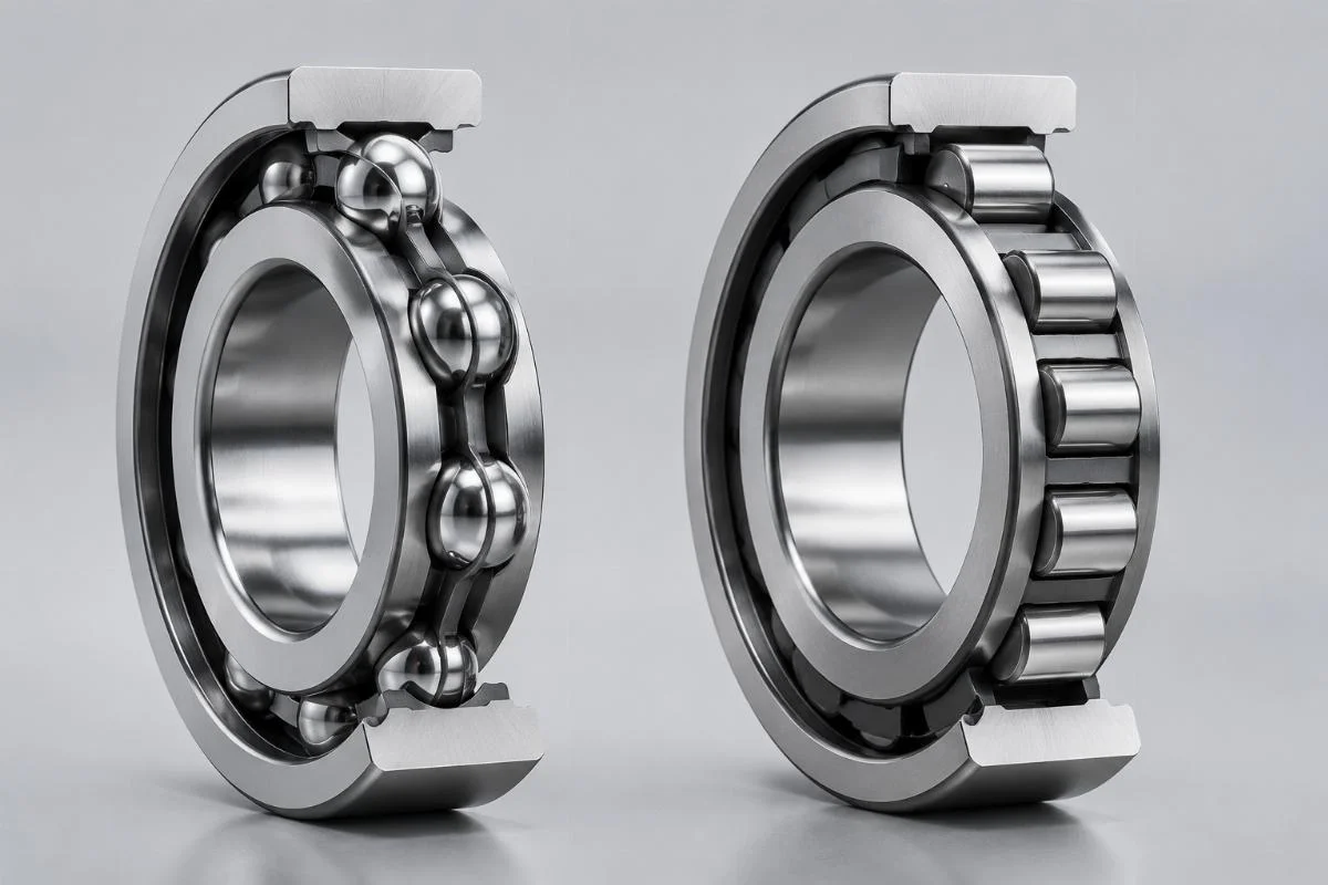 Cutaway comparison of ball and roller bearing contact zones