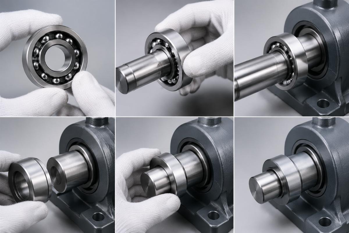 Sequence of mounting a ball bearing onto a shaft and seating it in a pillow block housing