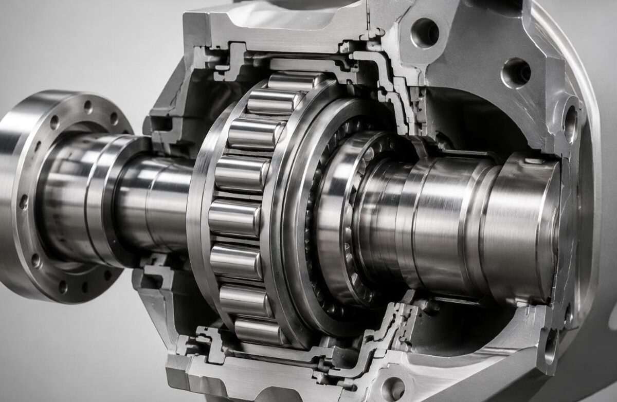 Cutaway industrial gearbox showing a tapered roller bearing set mounted on a shaft