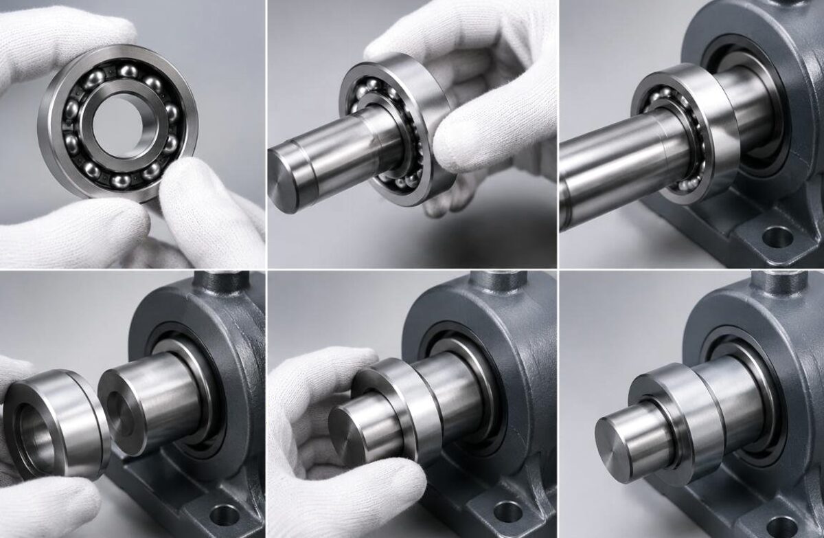 Gloved technician fitting a deep groove ball bearing onto a shaft in a pillow block housing