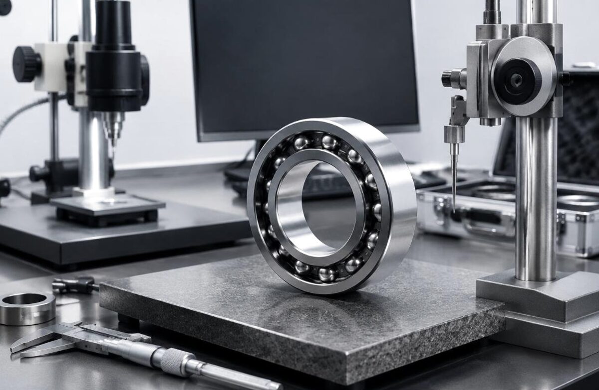 Deep groove ball bearing on a dimensional inspection bench with measuring equipment